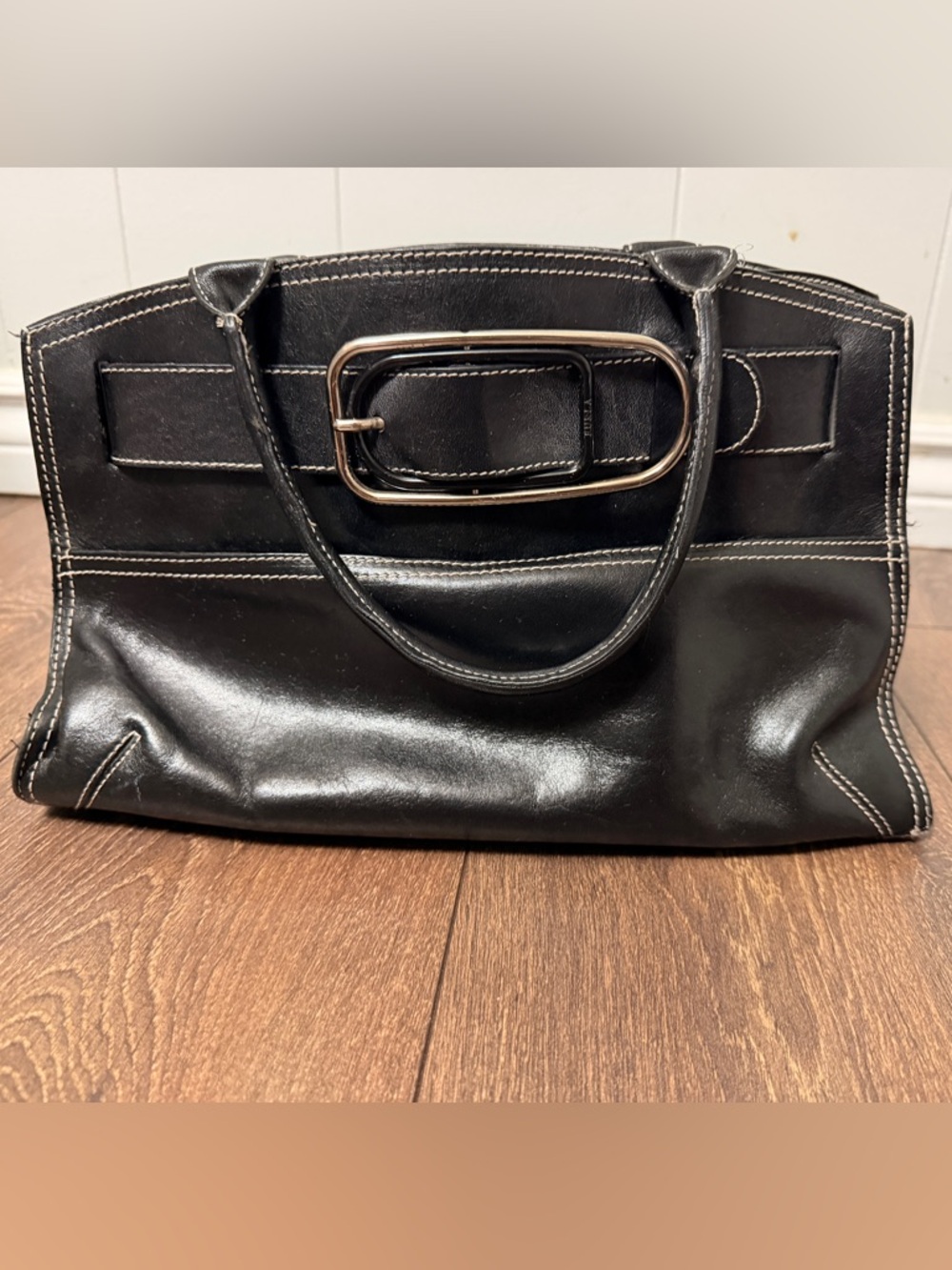 FURLA Black Genuine Leather Tote Bag Made In Italy Oversized Buckle Detail Luxe
